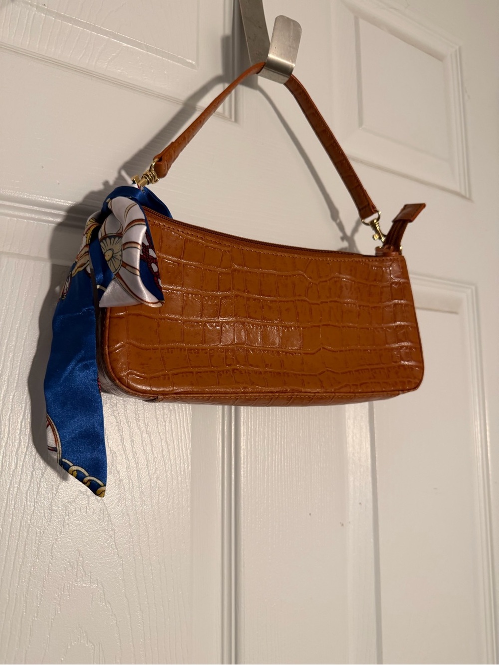 Gianni Bernini Tan Croc-Embossed Shoulder Bag with Scarf Accent